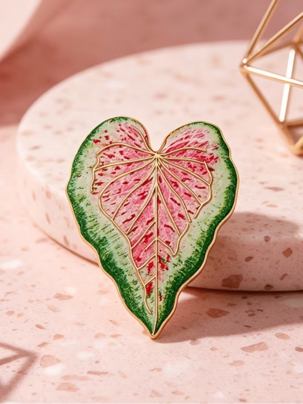 Green and Pink Heart Leaf Enamel Pin - Women Jewelry